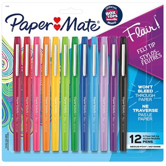 Paper Mate Flair Felt Tip Pens, Medium Point (0.7mm), Assorted Colors, 12 Count